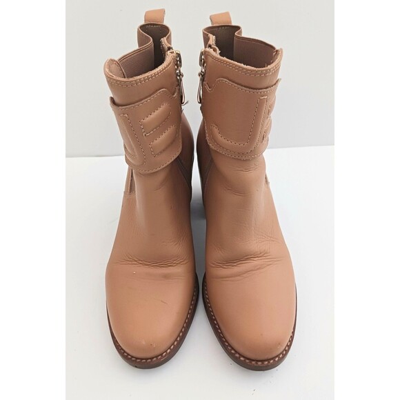 Jorge Bischoff Tan Leather Ankle Boot Gold Buckle Strap Block Heel Sz 6 - Picture 3 of 13